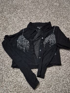 Black Button-Up Crop Top with Rhinestone Bra Accent